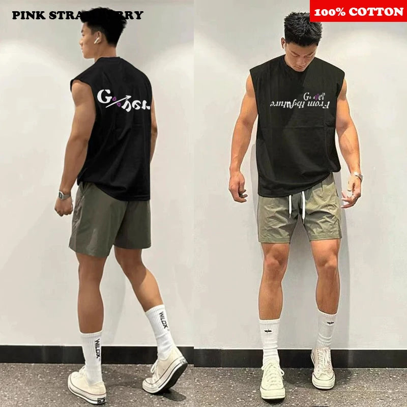 Chaleco de estilo americano para hombre, camiseta deportiva sin mangas de algodón 100% para verano 2025, chaleco para correr y nadar, Top Y2k de secado rápido, ropa para hombre