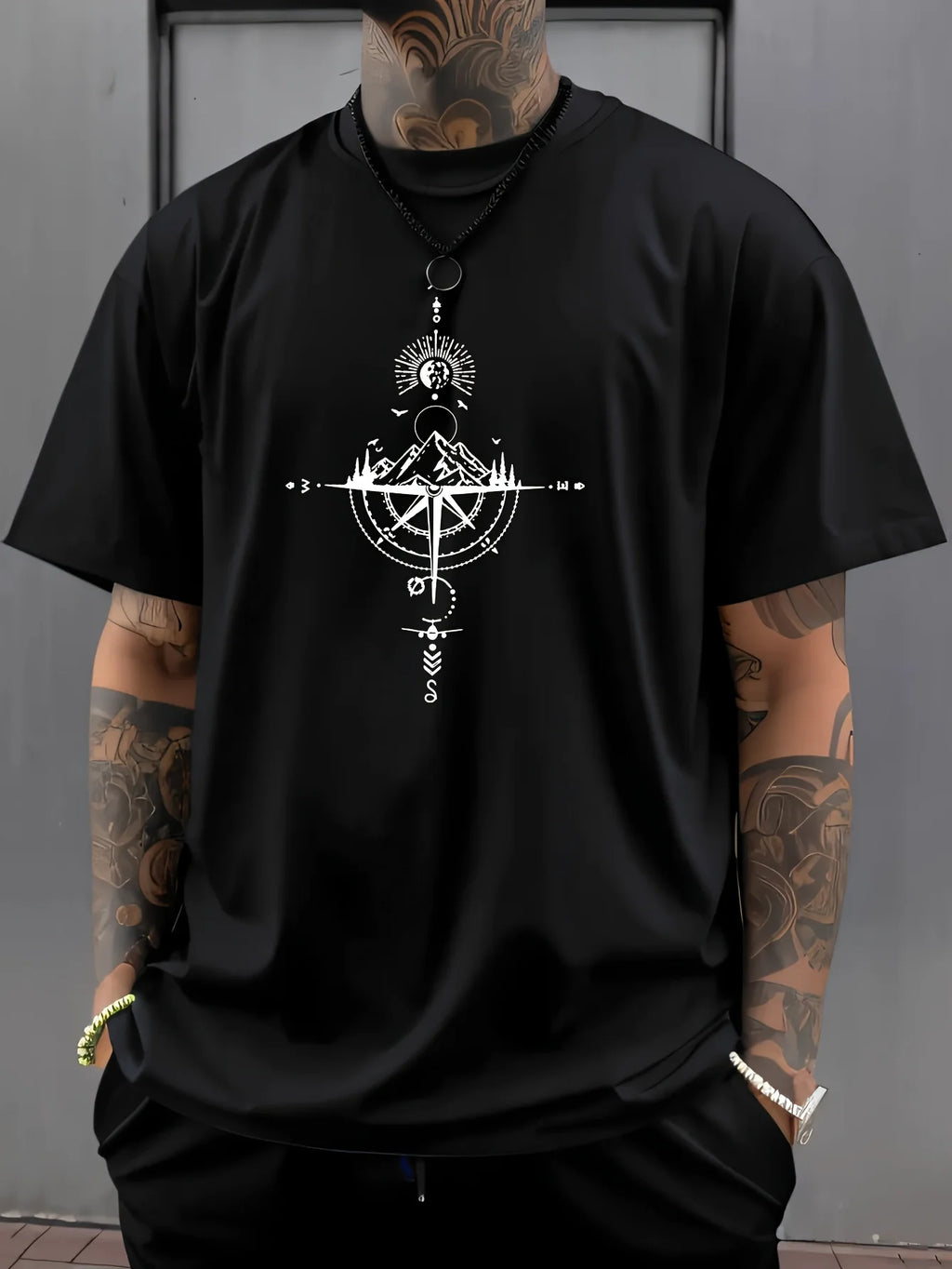 Camiseta de manga corta con cuello redondo para hombre, ropa deportiva informal, holgada, de gran tamaño, con estampado de brújula retro, 100% algodón puro, para verano