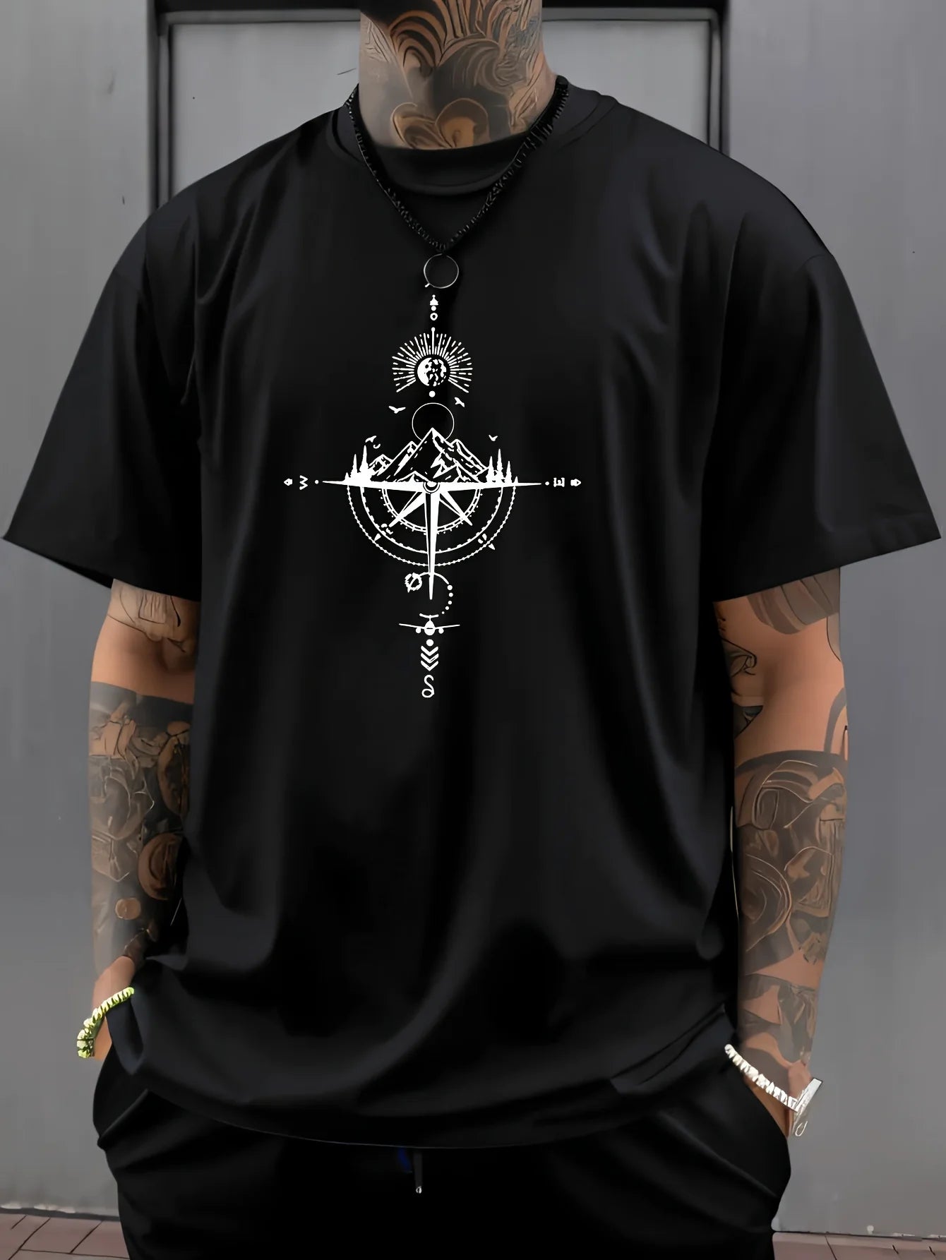 Camiseta de manga corta con cuello redondo para hombre, ropa deportiva informal, holgada, de gran tamaño, con estampado de brújula retro, 100% algodón puro, para verano