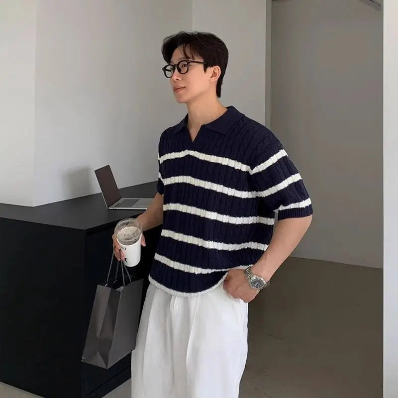 Camiseta coreana de verano para hombres y mujeres, Polo de diseño personalizado a la moda, camiseta Retro Harajuku a rayas de manga corta para parejas