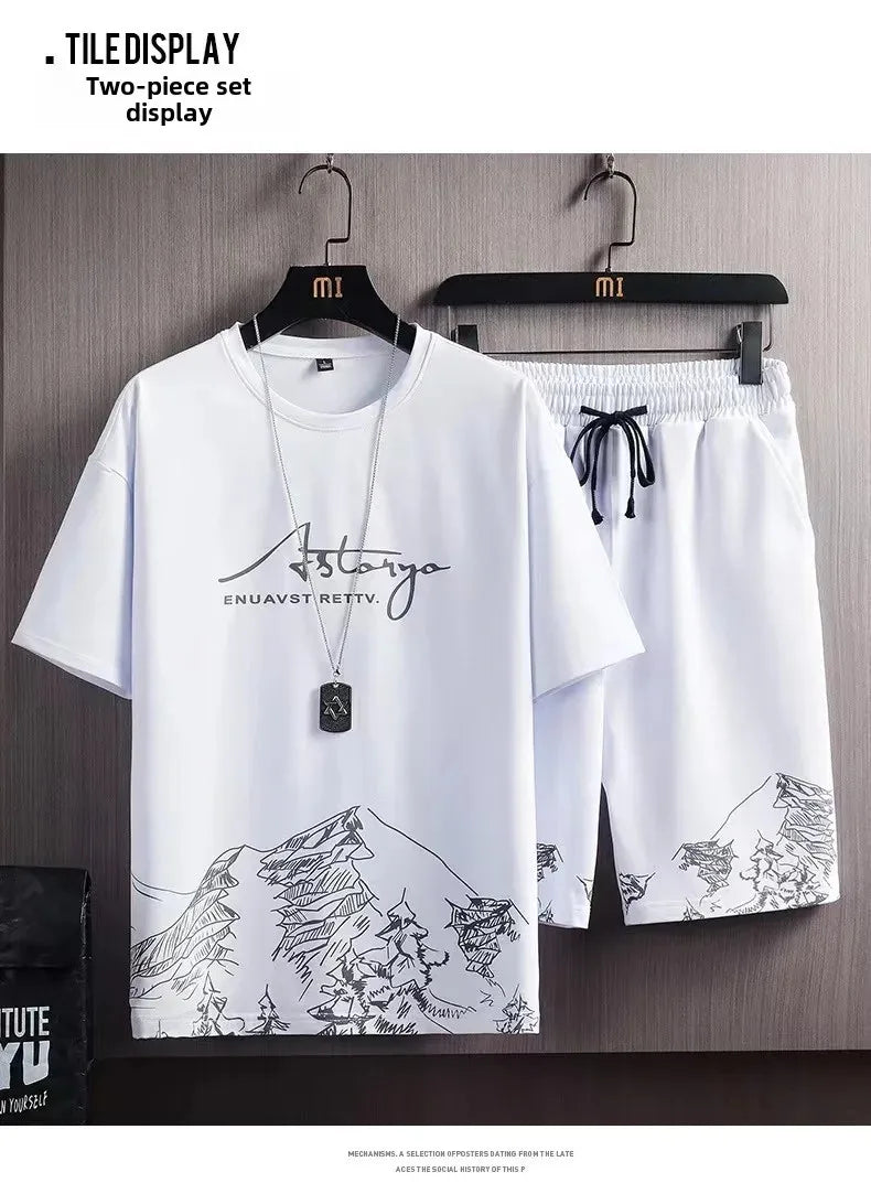 Camiseta de manga corta de seda helada para hombre, traje con estampado Digital, estilo coreano a la moda, adelgazante, suaviza tu silueta Spor, novedad de verano