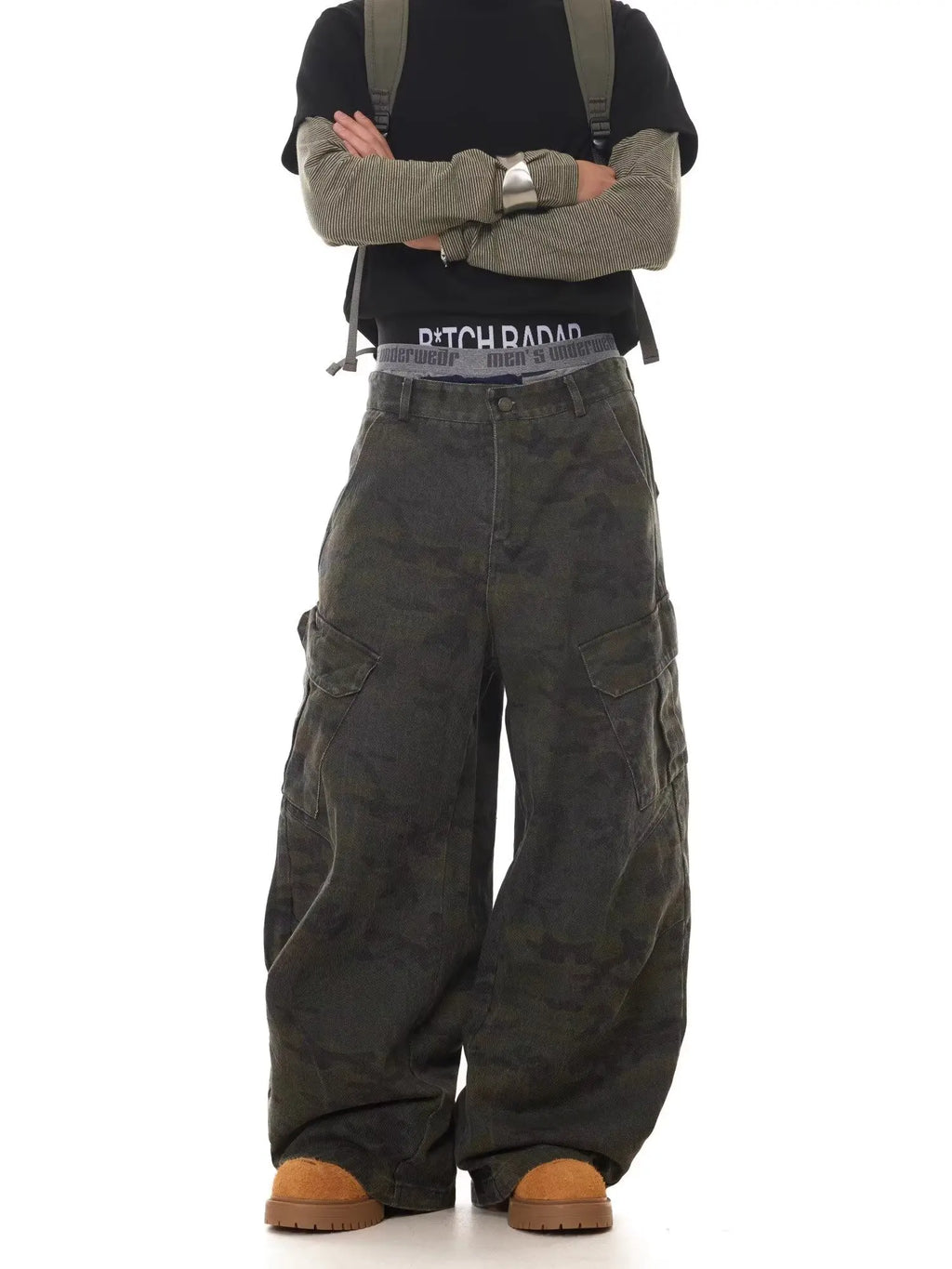 American Retro Multi-Bolsillo Camuflaje Silueta Scimitar Jeans Niche Baggy Pierna ancha Hoz Pantalones casuales Sudaderas con capucha Ropa de hombre