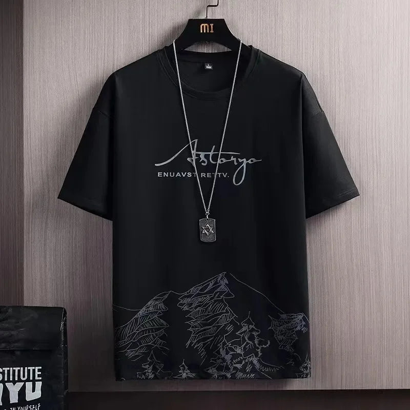 Camiseta de manga corta de seda helada para hombre, traje con estampado Digital, estilo coreano a la moda, adelgazante, suaviza tu silueta Spor, novedad de verano