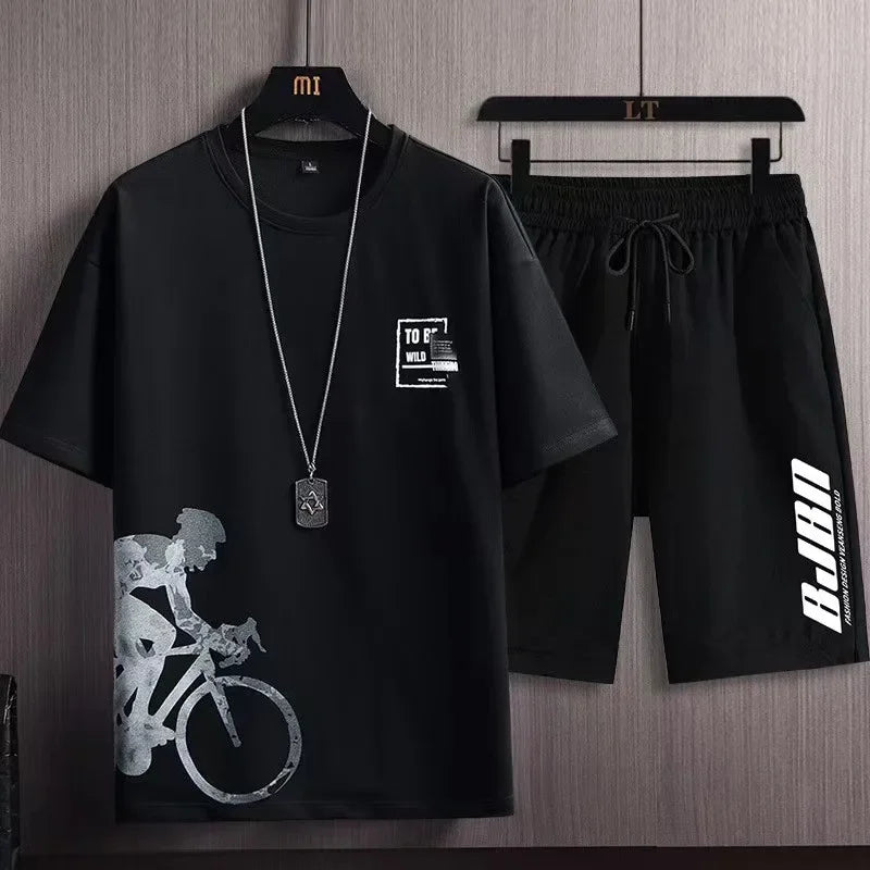 Camiseta de manga corta de seda helada para hombre, traje con estampado Digital, estilo coreano a la moda, adelgazante, suaviza tu silueta Spor, novedad de verano