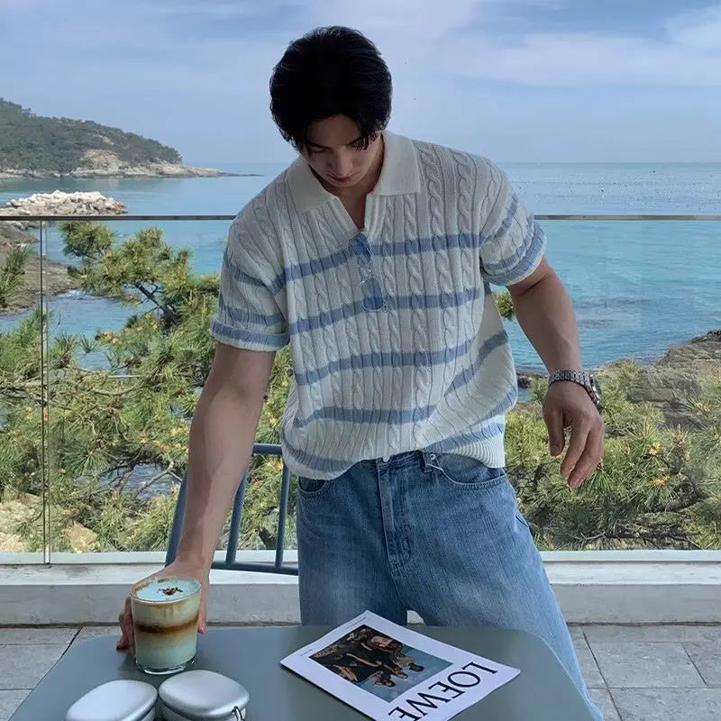 Camiseta coreana de verano para hombres y mujeres, Polo de diseño personalizado a la moda, camiseta Retro Harajuku a rayas de manga corta para parejas