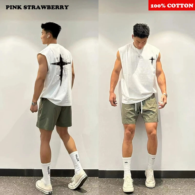 Chaleco de estilo americano para hombre, camiseta deportiva sin mangas de algodón 100% para verano 2025, chaleco para correr y nadar, Top Y2k de secado rápido, ropa para hombre