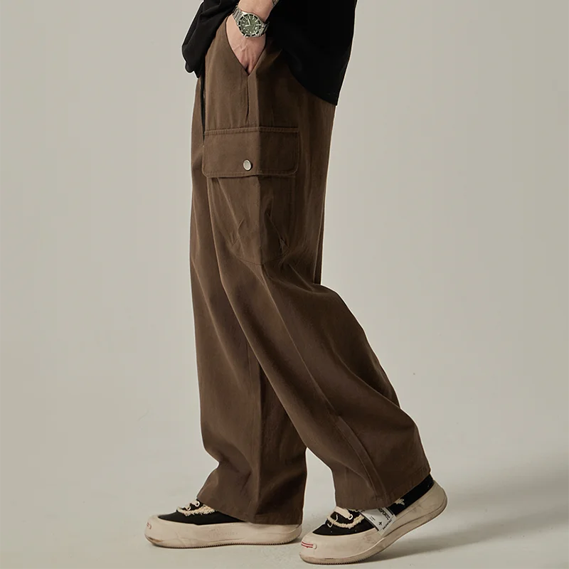 Pantalones de chándal para hombre, pantalones Cargo con bolsillos grandes, rectos, de pierna ancha, estilo japonés, Vintage, con cordón, primavera y otoño, 2025