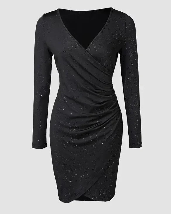 Minivestido negro elegante de manga larga con cuello en V y detalle de purpurina, vestido de fiesta de cóctel fruncido de poliéster elástico para mujer, gallo