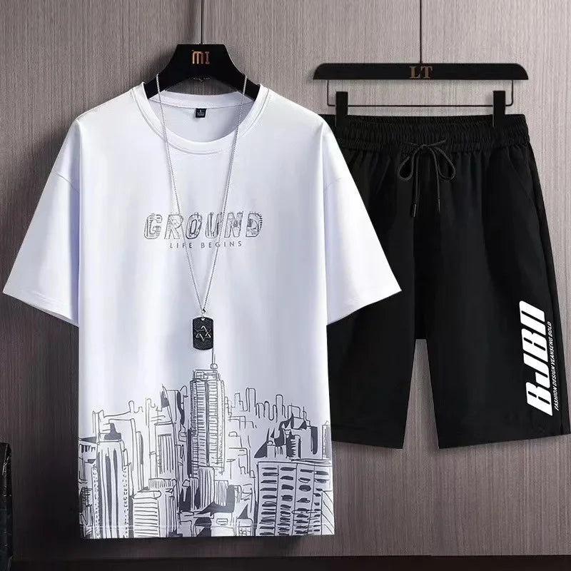 Camiseta de manga corta de seda helada para hombre, traje con estampado Digital, estilo coreano a la moda, adelgazante, suaviza tu silueta Spor, novedad de verano