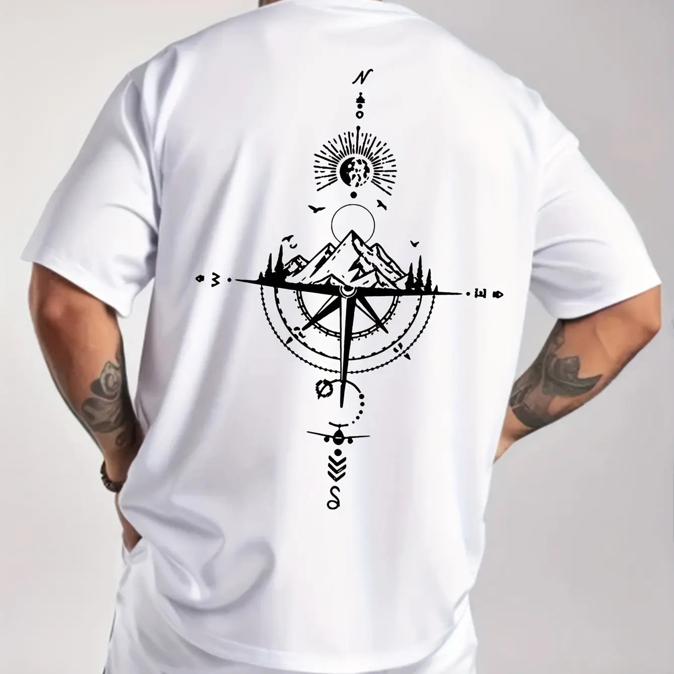 Camiseta de manga corta con cuello redondo para hombre, ropa deportiva informal, holgada, de gran tamaño, con estampado de brújula retro, 100% algodón puro, para verano