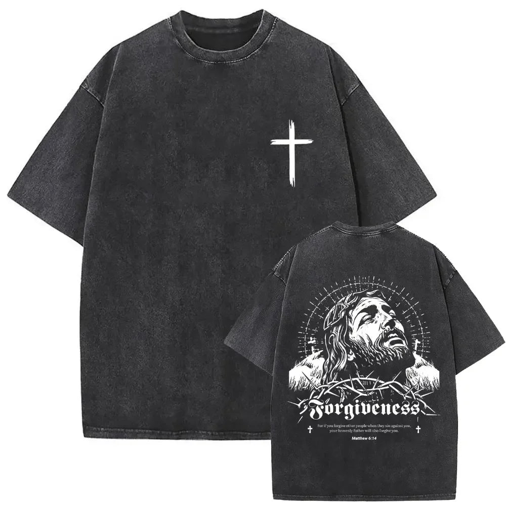 Camiseta lavada Vintage cristiana para hombre y mujer, camisetas góticas de Rock de gran tamaño, ropa de calle, Jesús perdónlos el padre