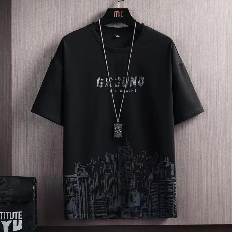 Camiseta de manga corta de seda helada para hombre, traje con estampado Digital, estilo coreano a la moda, adelgazante, suaviza tu silueta Spor, novedad de verano