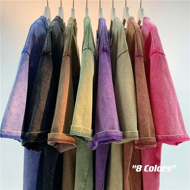 Camiseta de manga corta de Color sólido para hombre y mujer, estilo americano Retro, peso pesado, ropa de gran tamaño lavada de moda urbana de verano