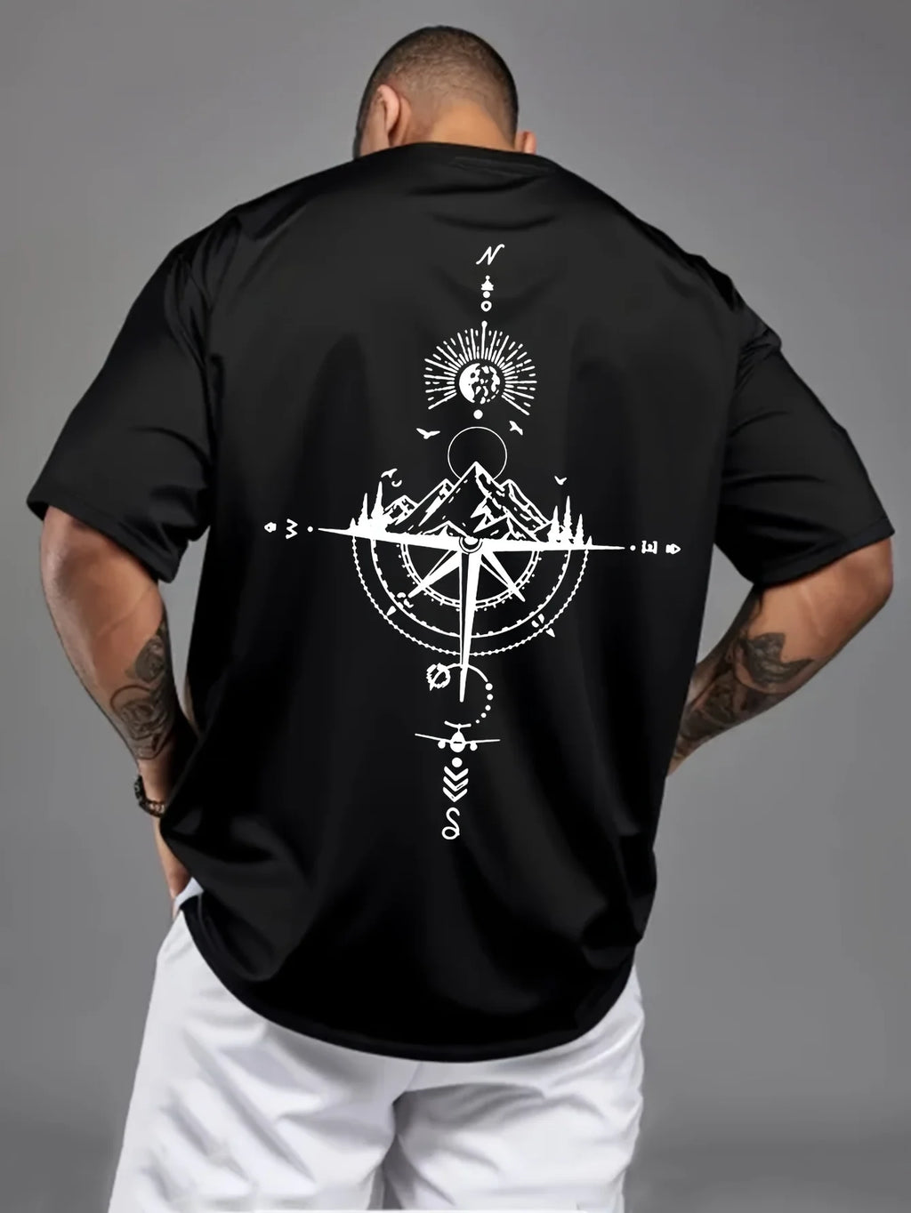 Camiseta de manga corta con cuello redondo para hombre, ropa deportiva informal, holgada, de gran tamaño, con estampado de brújula retro, 100% algodón puro, para verano