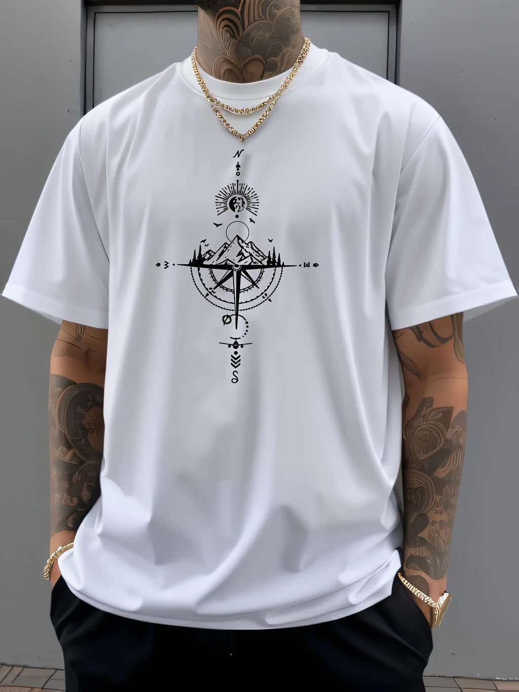 Camiseta de manga corta con cuello redondo para hombre, ropa deportiva informal, holgada, de gran tamaño, con estampado de brújula retro, 100% algodón puro, para verano