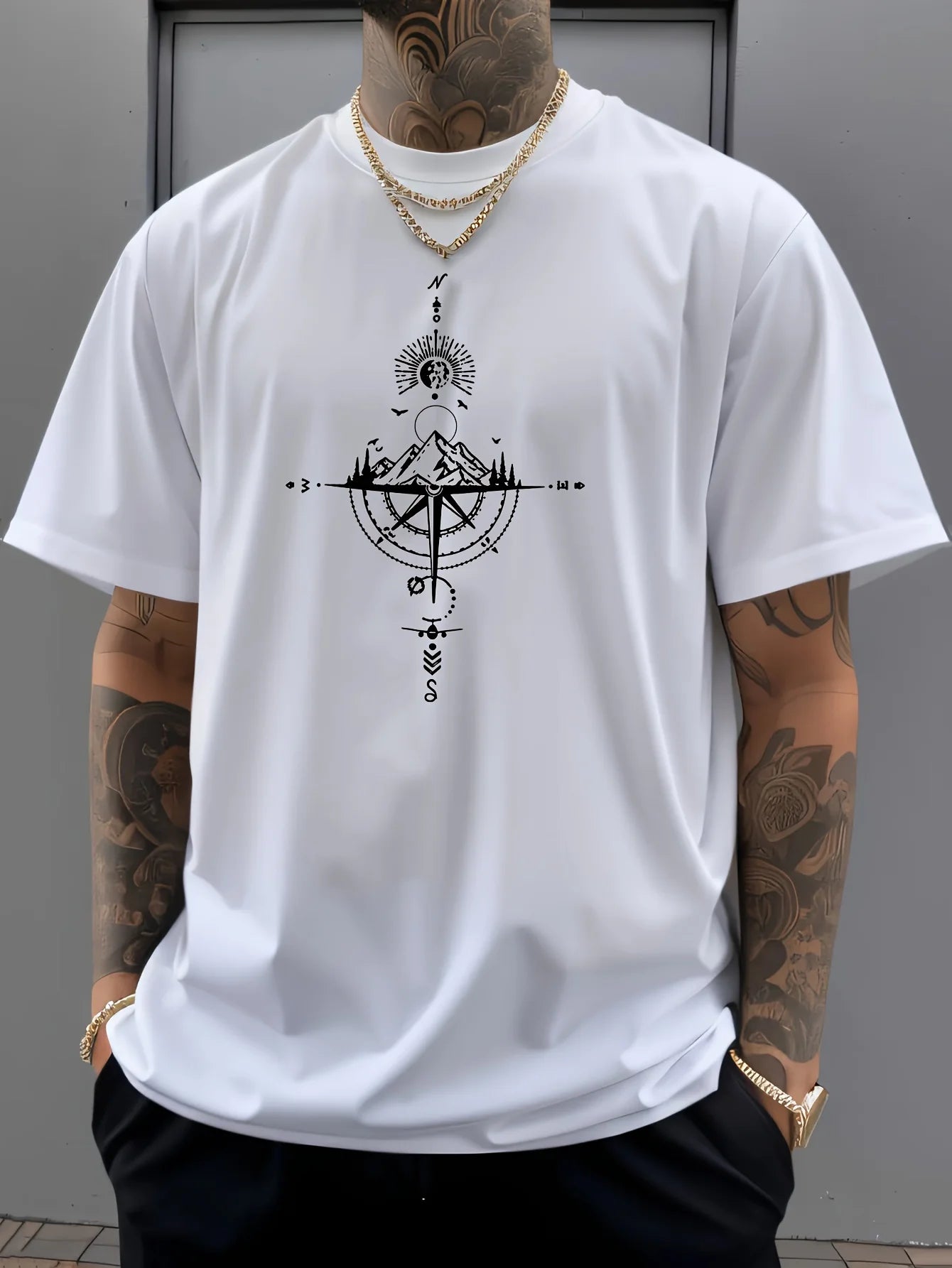 Camiseta de manga corta con cuello redondo para hombre, ropa deportiva informal, holgada, de gran tamaño, con estampado de brújula retro, 100% algodón puro, para verano