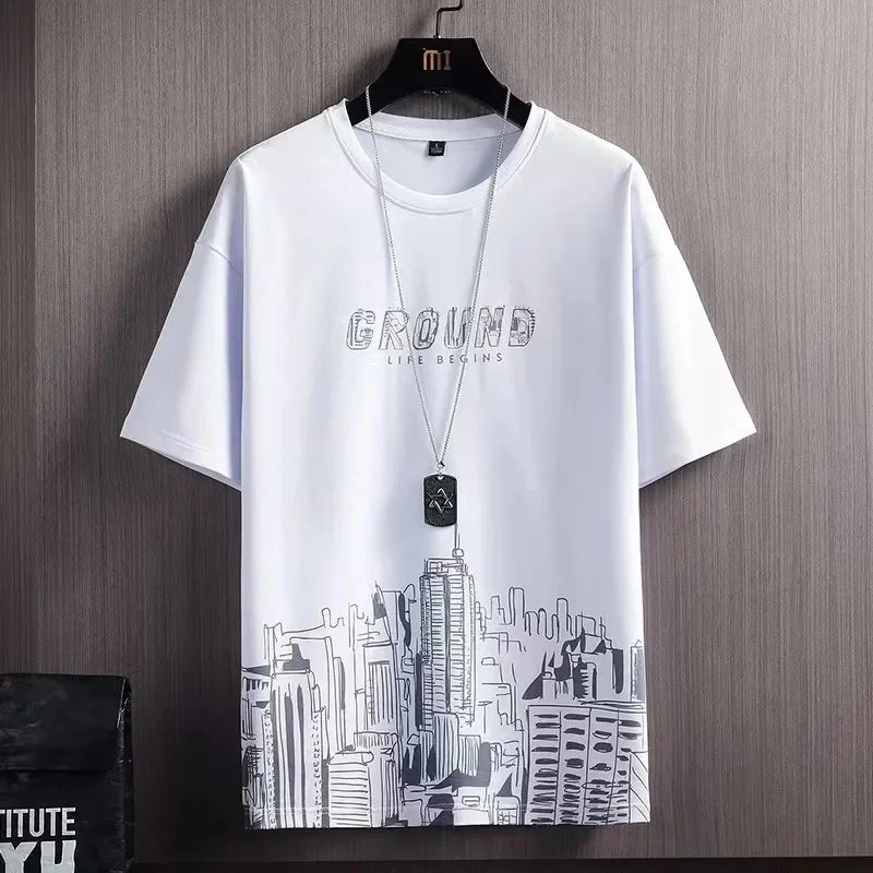 Camiseta de manga corta de seda helada para hombre, traje con estampado Digital, estilo coreano a la moda, adelgazante, suaviza tu silueta Spor, novedad de verano