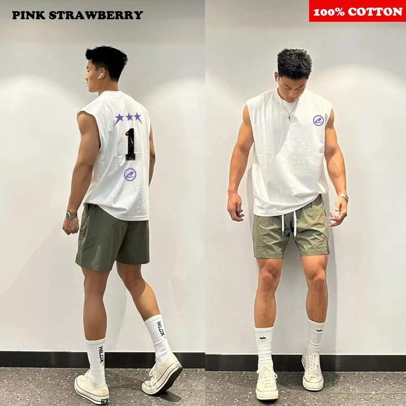 Chaleco de estilo americano para hombre, camiseta deportiva sin mangas de algodón 100% para verano 2025, chaleco para correr y nadar, Top Y2k de secado rápido, ropa para hombre