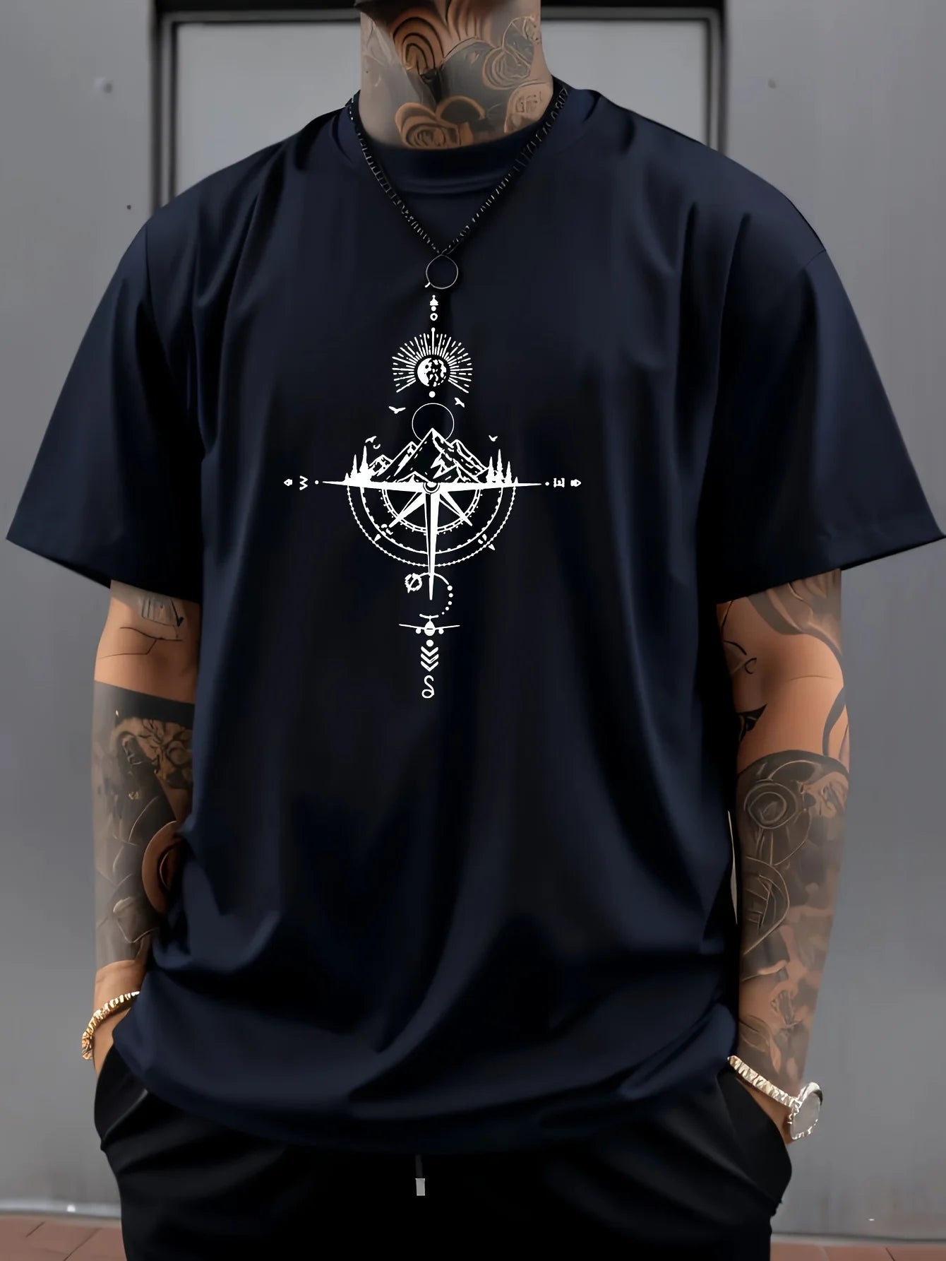 Camiseta de manga corta con cuello redondo para hombre, ropa deportiva informal, holgada, de gran tamaño, con estampado de brújula retro, 100% algodón puro, para verano