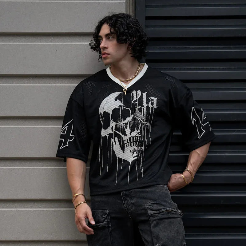 Novedad de verano, camiseta súper grande de marca YA a la moda para hombre, camiseta deportiva de secado rápido transpirable con estampado de malla grande, Top de manga corta