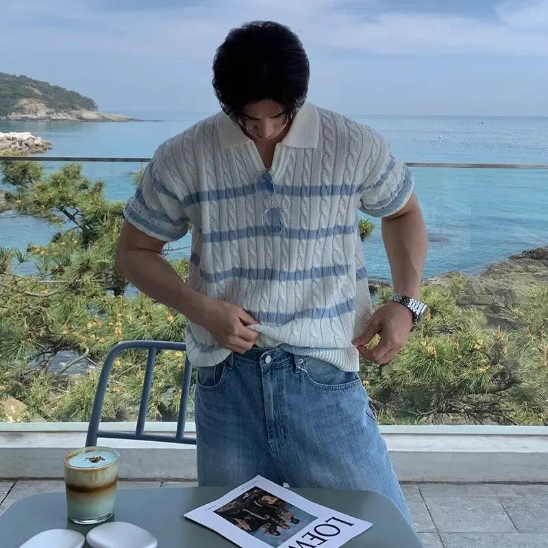 Camiseta coreana de verano para hombres y mujeres, Polo de diseño personalizado a la moda, camiseta Retro Harajuku a rayas de manga corta para parejas