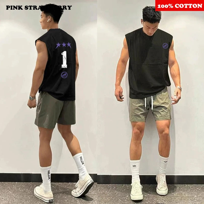 Chaleco de estilo americano para hombre, camiseta deportiva sin mangas de algodón 100% para verano 2025, chaleco para correr y nadar, Top Y2k de secado rápido, ropa para hombre