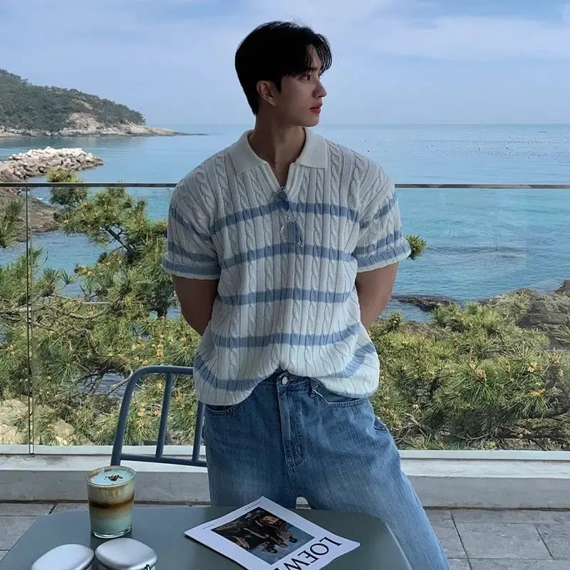 Camiseta coreana de verano para hombres y mujeres, Polo de diseño personalizado a la moda, camiseta Retro Harajuku a rayas de manga corta para parejas