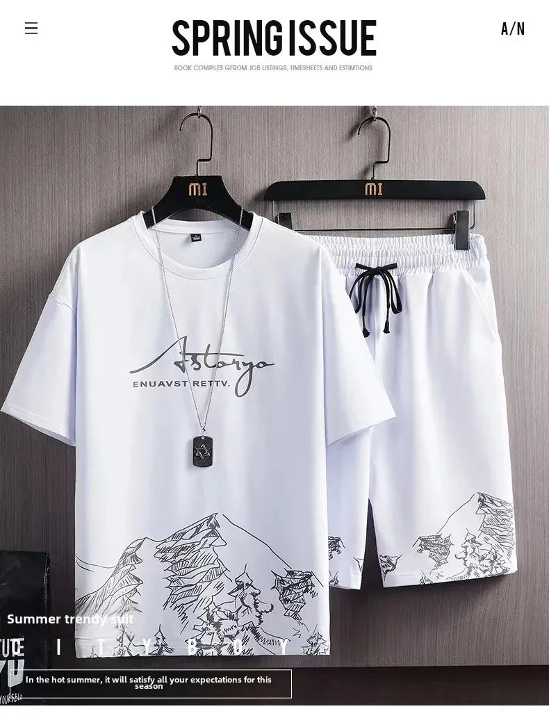 Camiseta de manga corta de seda helada para hombre, traje con estampado Digital, estilo coreano a la moda, adelgazante, suaviza tu silueta Spor, novedad de verano