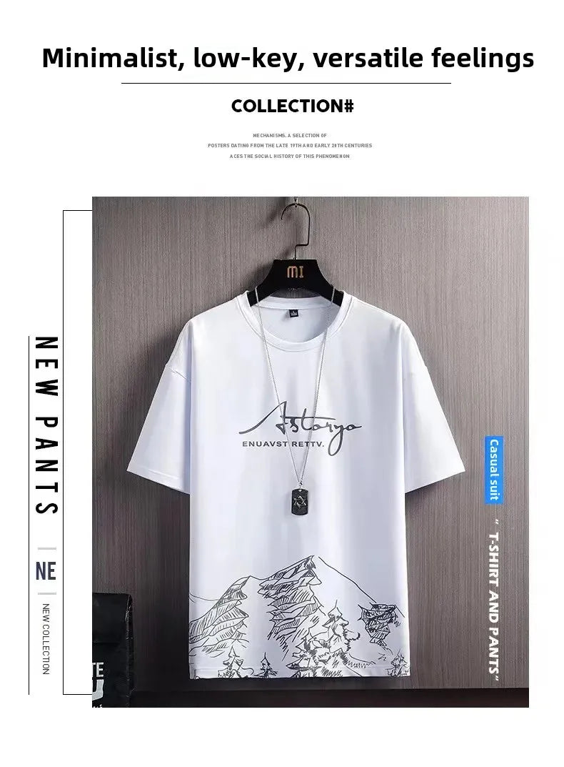 Camiseta de manga corta de seda helada para hombre, traje con estampado Digital, estilo coreano a la moda, adelgazante, suaviza tu silueta Spor, novedad de verano