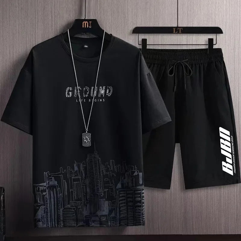 Camiseta de manga corta de seda helada para hombre, traje con estampado Digital, estilo coreano a la moda, adelgazante, suaviza tu silueta Spor, novedad de verano