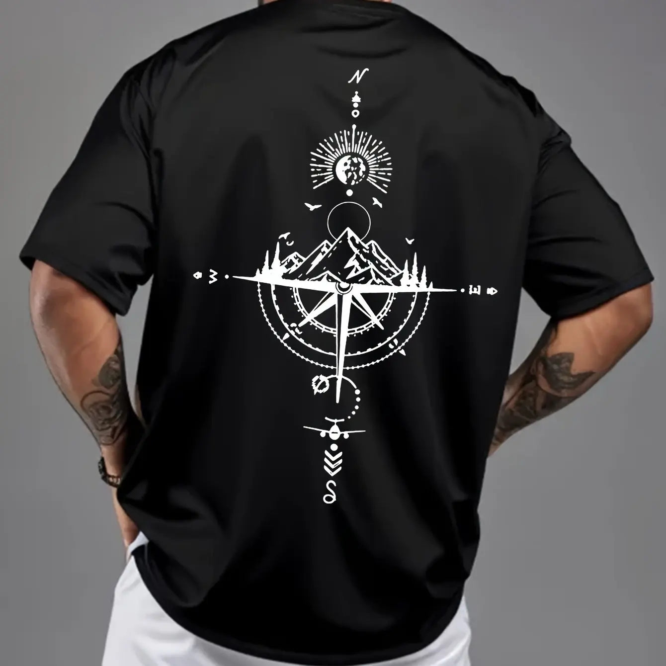 Camiseta de manga corta con cuello redondo para hombre, ropa deportiva informal, holgada, de gran tamaño, con estampado de brújula retro, 100% algodón puro, para verano