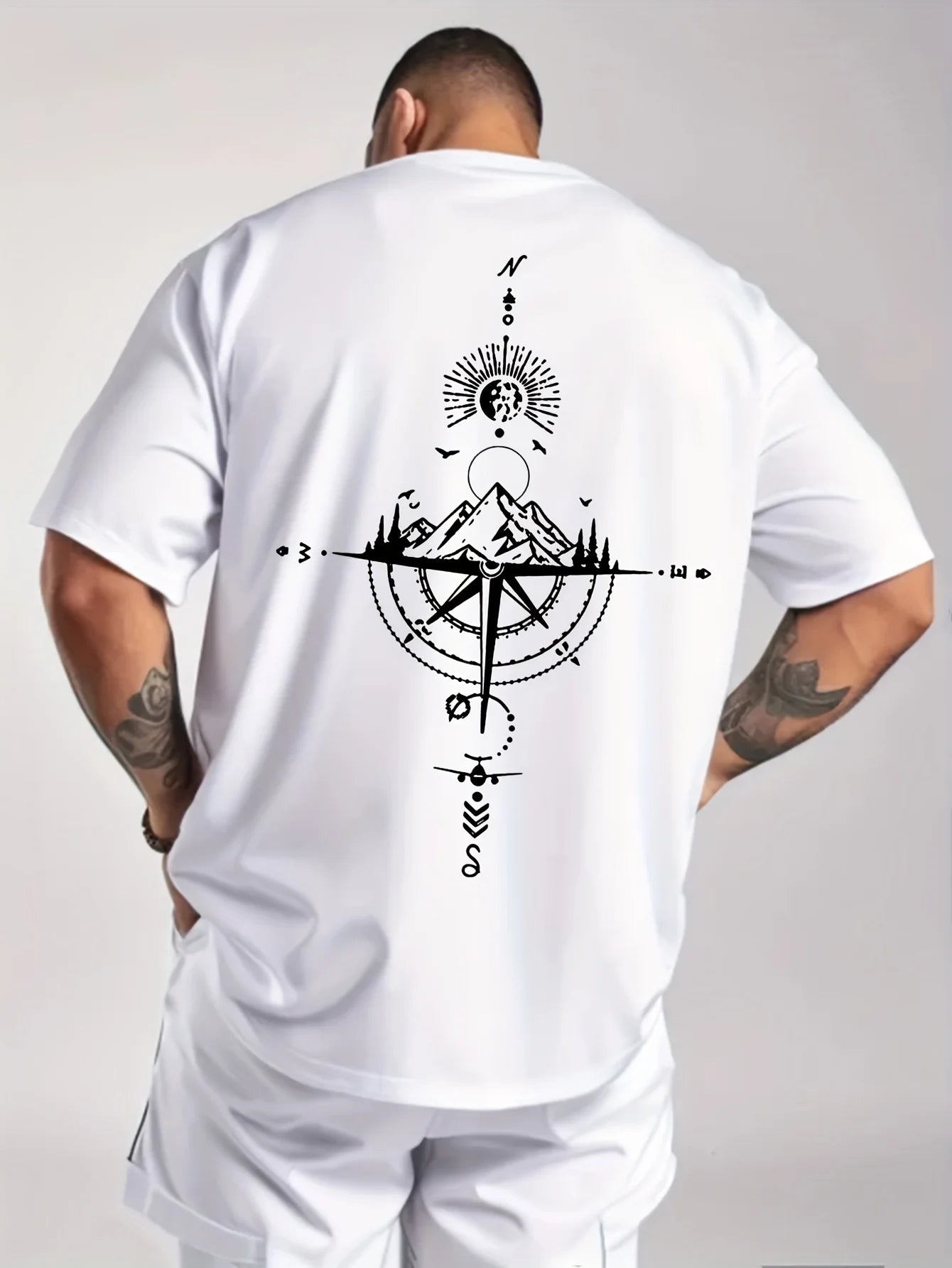 Camiseta de manga corta con cuello redondo para hombre, ropa deportiva informal, holgada, de gran tamaño, con estampado de brújula retro, 100% algodón puro, para verano