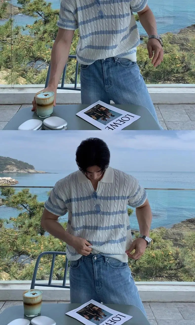 Camiseta coreana de verano para hombres y mujeres, Polo de diseño personalizado a la moda, camiseta Retro Harajuku a rayas de manga corta para parejas