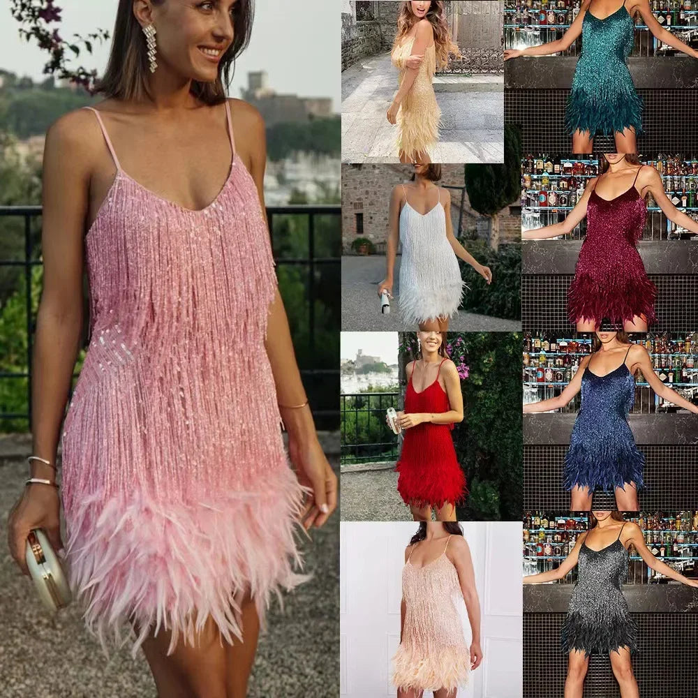 NOVEDAD DE VERANO 20224, vestido de retales de plumas con lentejuelas enmarcadas a la moda, vestido colorido sin mangas para mujer, venta directa de Amazon