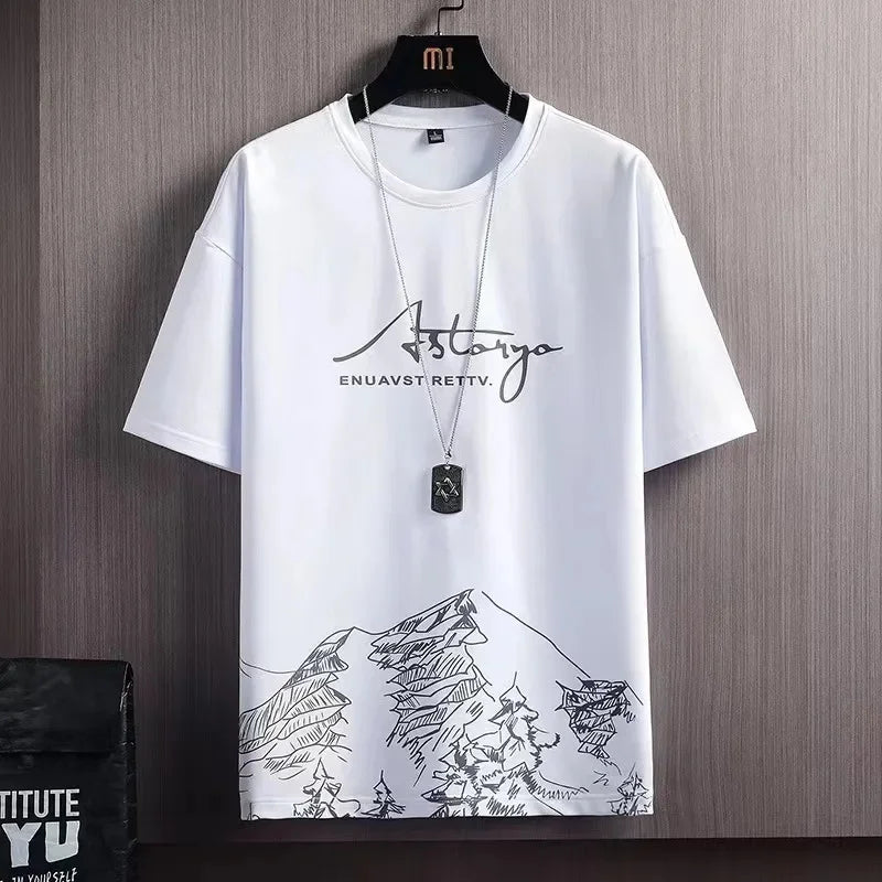 Camiseta de manga corta de seda helada para hombre, traje con estampado Digital, estilo coreano a la moda, adelgazante, suaviza tu silueta Spor, novedad de verano