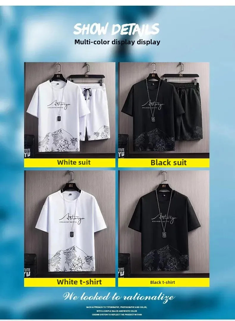 Camiseta de manga corta de seda helada para hombre, traje con estampado Digital, estilo coreano a la moda, adelgazante, suaviza tu silueta Spor, novedad de verano