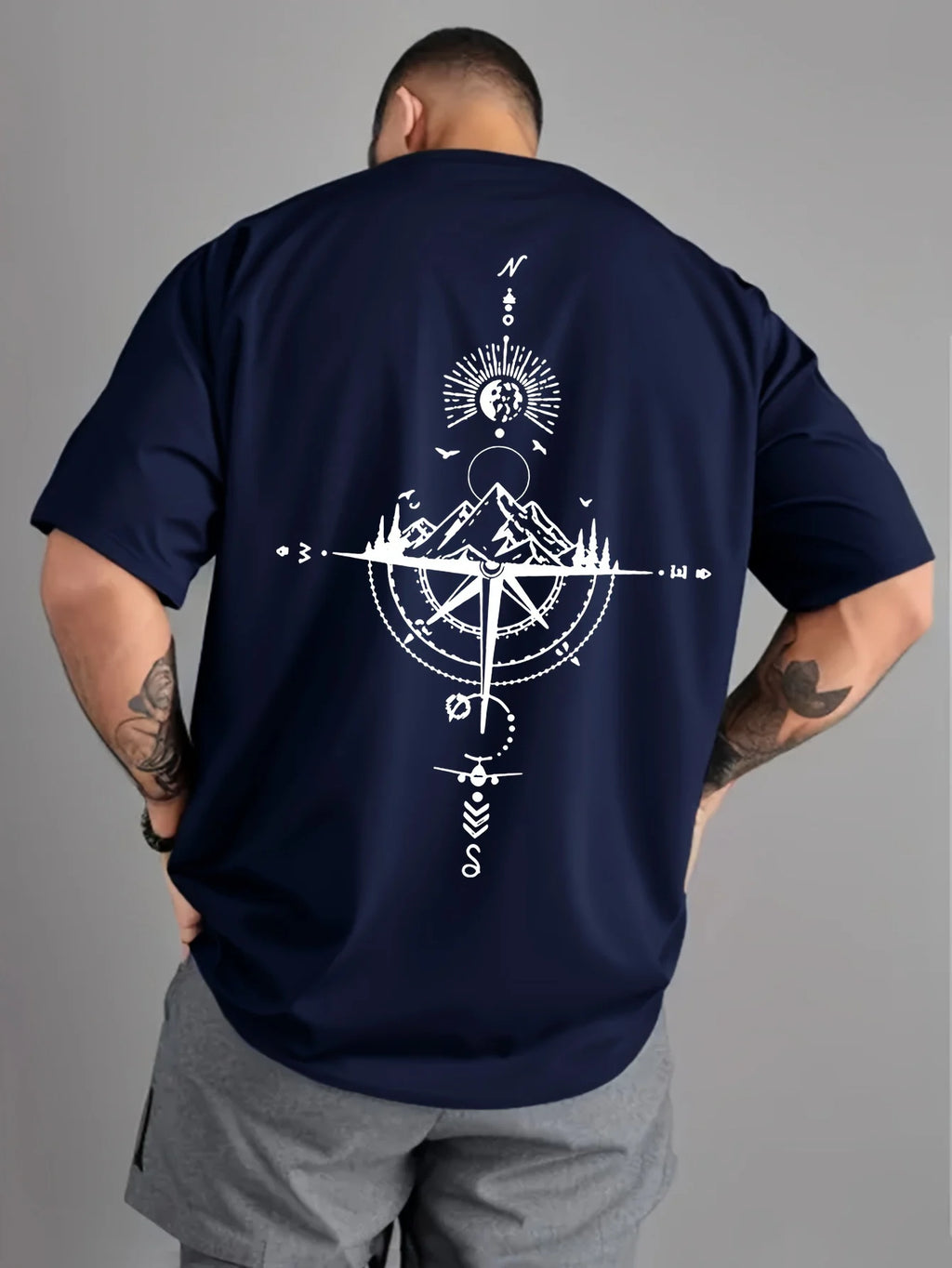 Camiseta de manga corta con cuello redondo para hombre, ropa deportiva informal, holgada, de gran tamaño, con estampado de brújula retro, 100% algodón puro, para verano