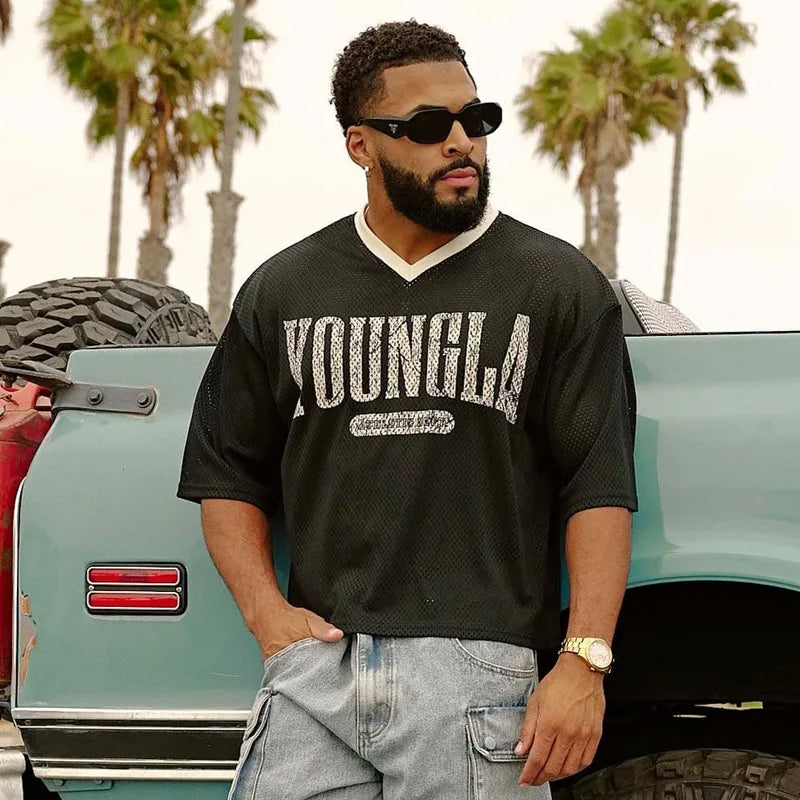 Novedad de verano, camiseta súper grande de marca YA a la moda para hombre, camiseta deportiva de secado rápido transpirable con estampado de malla grande, Top de manga corta