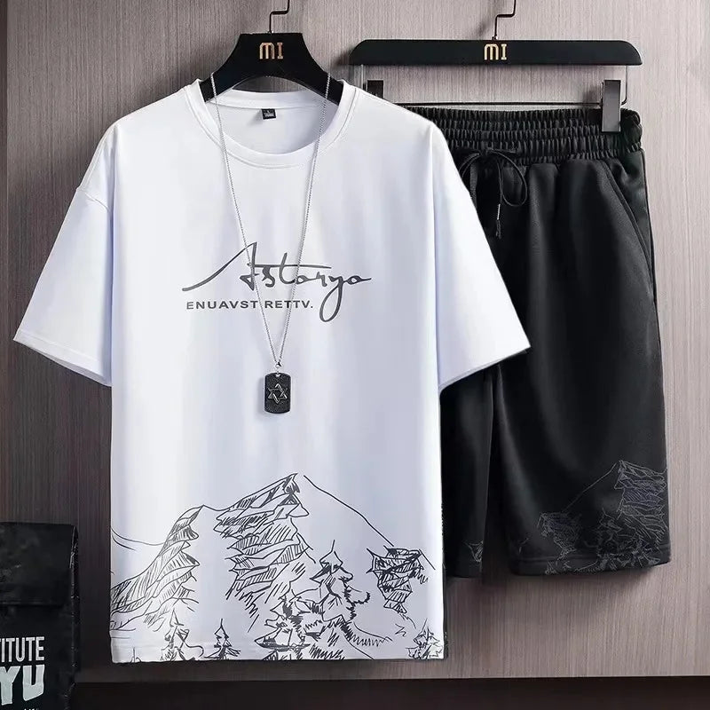 Camiseta de manga corta de seda helada para hombre, traje con estampado Digital, estilo coreano a la moda, adelgazante, suaviza tu silueta Spor, novedad de verano