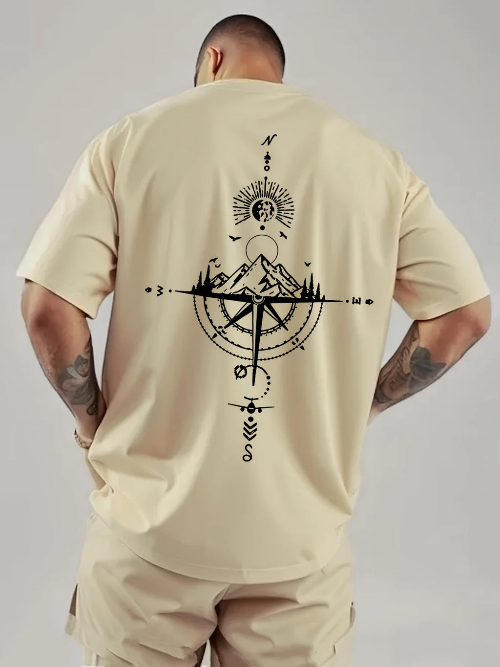 Camiseta de manga corta con cuello redondo para hombre, ropa deportiva informal, holgada, de gran tamaño, con estampado de brújula retro, 100% algodón puro, para verano