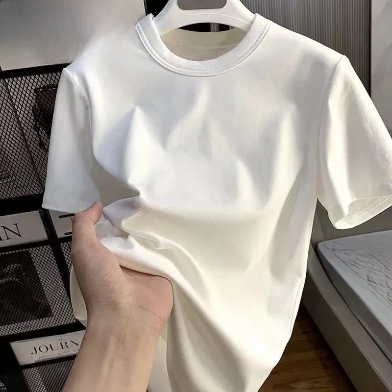 Camiseta de manga corta de seda helada para hombre, traje con estampado Digital, estilo coreano a la moda, adelgazante, suaviza tu silueta Spor, novedad de verano