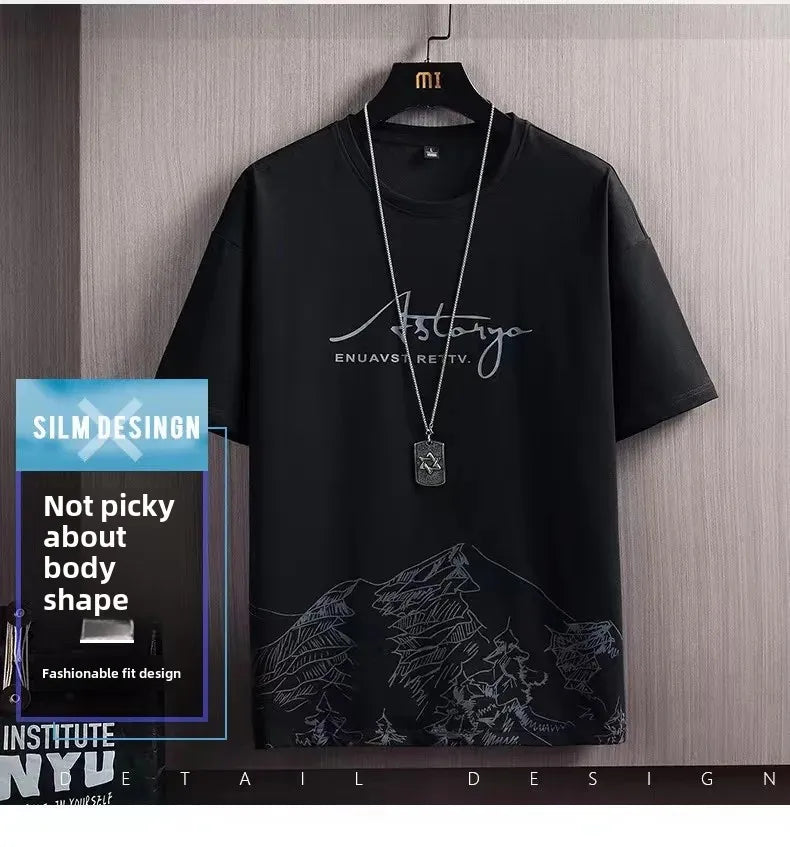 Camiseta de manga corta de seda helada para hombre, traje con estampado Digital, estilo coreano a la moda, adelgazante, suaviza tu silueta Spor, novedad de verano