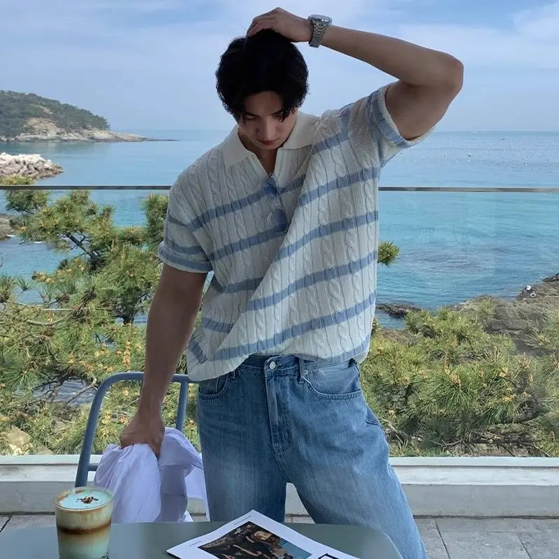 Camiseta coreana de verano para hombres y mujeres, Polo de diseño personalizado a la moda, camiseta Retro Harajuku a rayas de manga corta para parejas