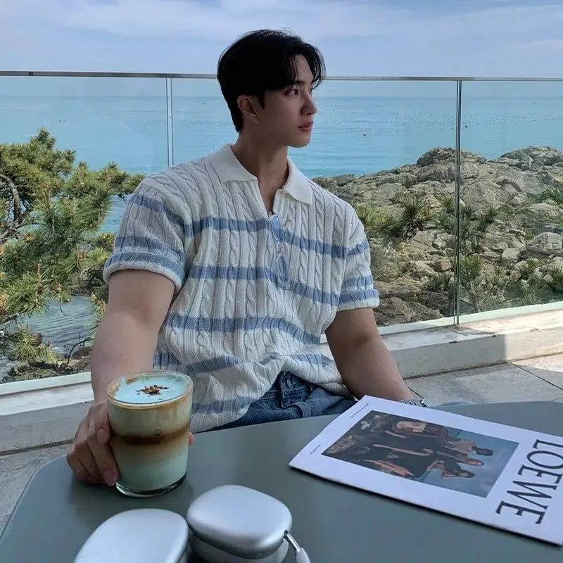 Camiseta coreana de verano para hombres y mujeres, Polo de diseño personalizado a la moda, camiseta Retro Harajuku a rayas de manga corta para parejas