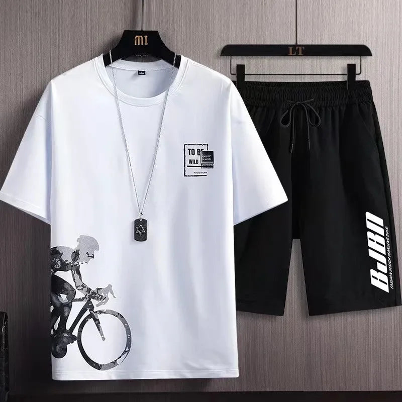 Camiseta de manga corta de seda helada para hombre, traje con estampado Digital, estilo coreano a la moda, adelgazante, suaviza tu silueta Spor, novedad de verano