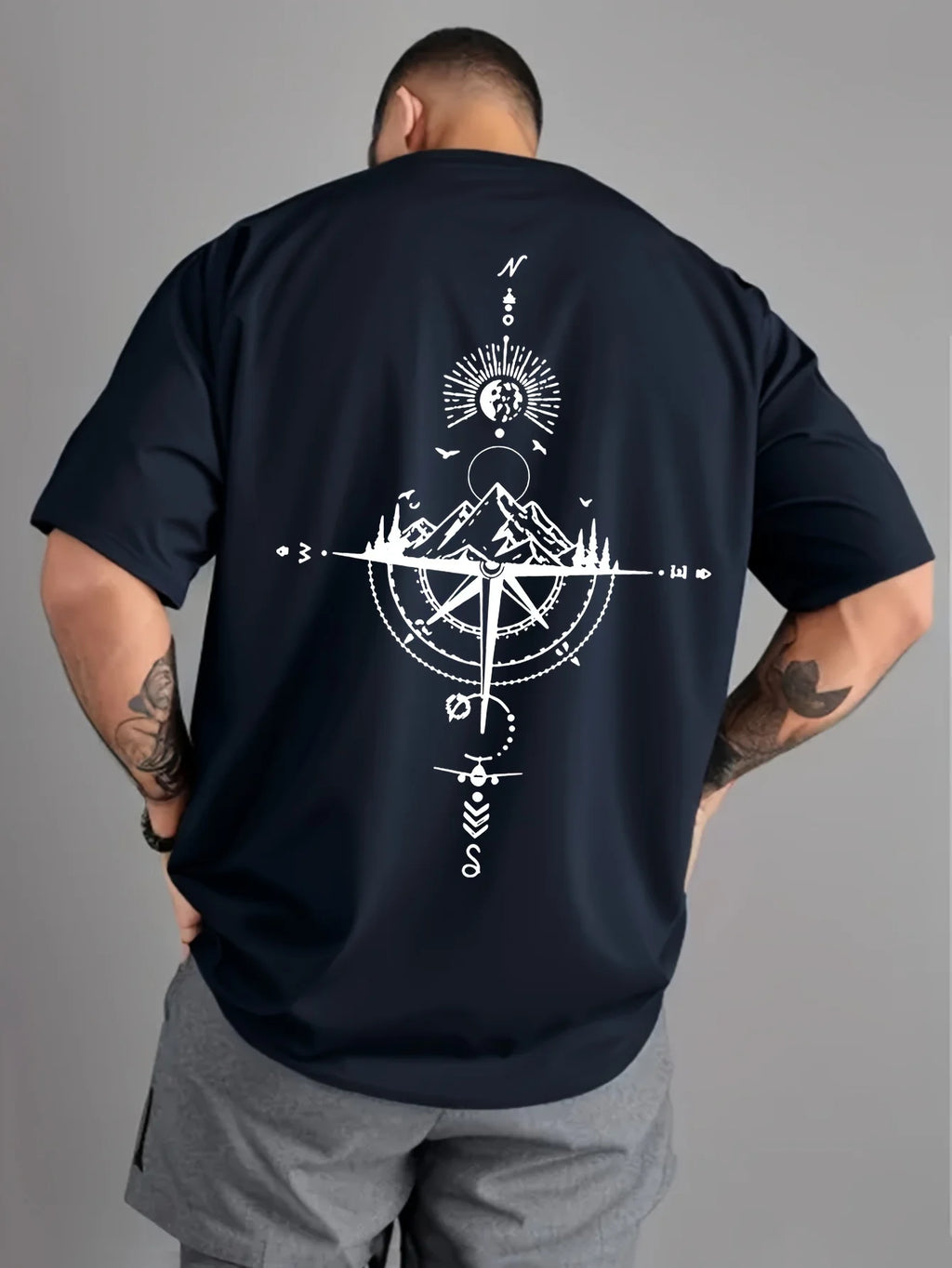 Camiseta de manga corta con cuello redondo para hombre, ropa deportiva informal, holgada, de gran tamaño, con estampado de brújula retro, 100% algodón puro, para verano