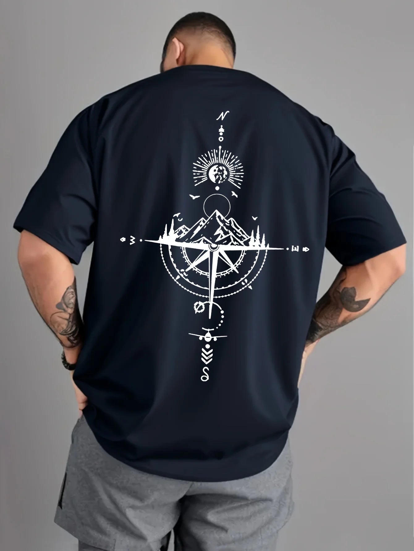 Camiseta de manga corta con cuello redondo para hombre, ropa deportiva informal, holgada, de gran tamaño, con estampado de brújula retro, 100% algodón puro, para verano