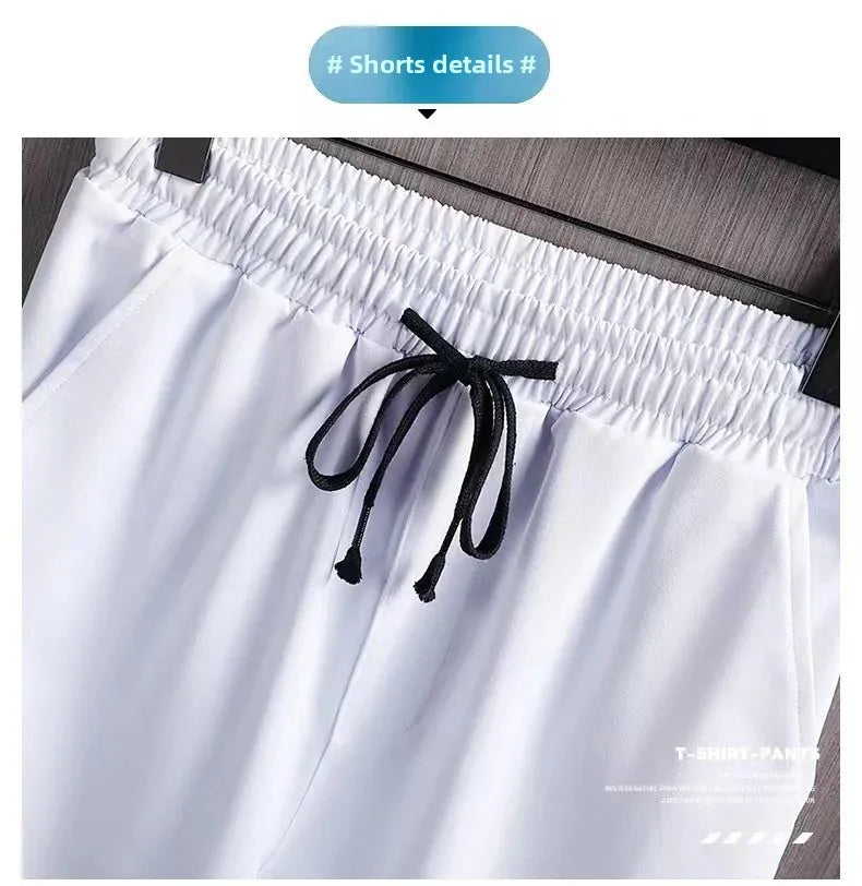 Camiseta de manga corta de seda helada para hombre, traje con estampado Digital, estilo coreano a la moda, adelgazante, suaviza tu silueta Spor, novedad de verano