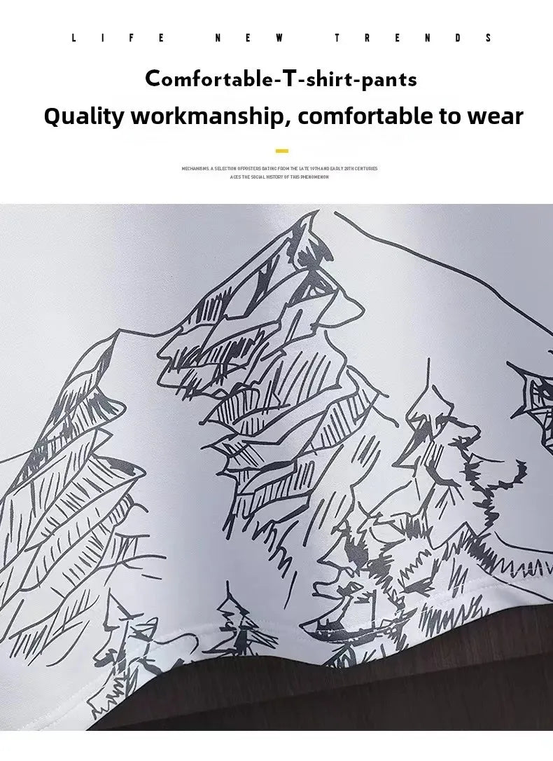 Camiseta de manga corta de seda helada para hombre, traje con estampado Digital, estilo coreano a la moda, adelgazante, suaviza tu silueta Spor, novedad de verano